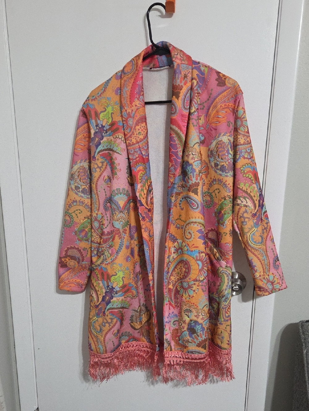 C.O.Z.Y Paisley Fringe Open Cardigan - Pink & Blue